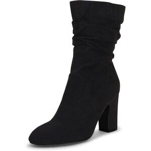 Women's Black Microfiber Mid Calf High Chunky Heel Block Rounded Toe Booties